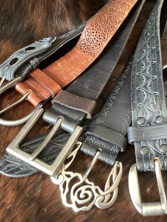 Lot of 5 Belts 3 Heavy Leather & 2 Manmade Great Metal Buckles?